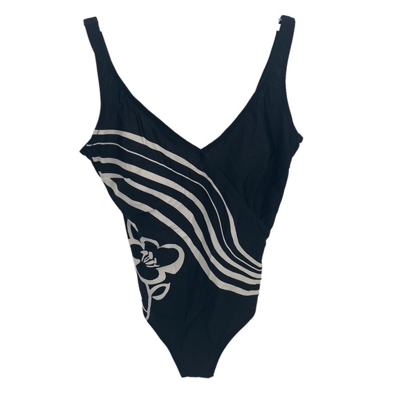 gottex Black White Women’s  V Neck One Piece Swimsuit Size 14 Flower Stripes - Picture 1 of 9